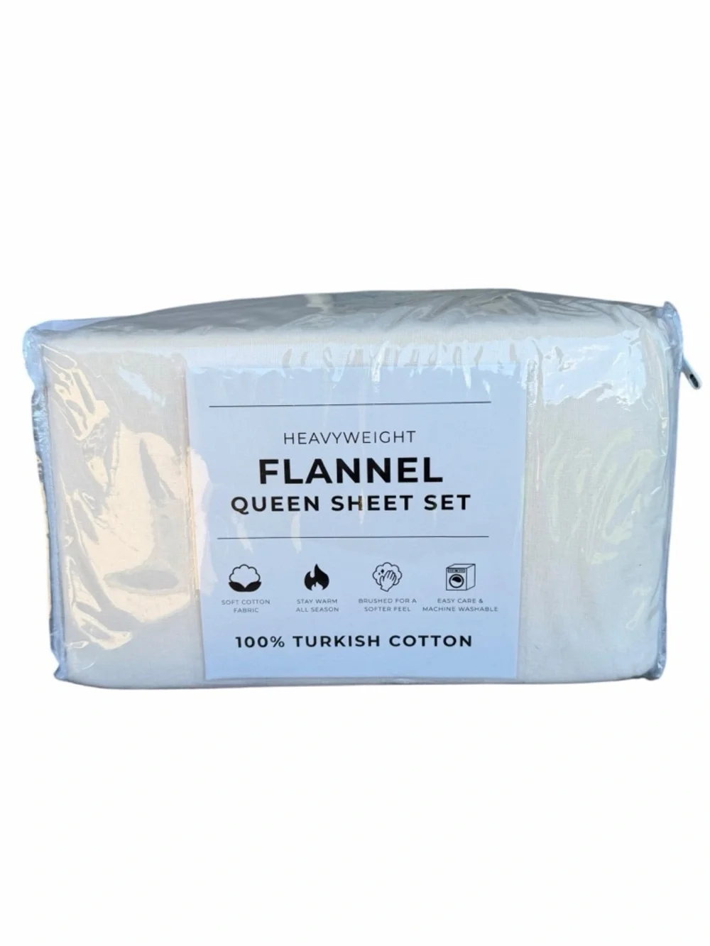 100% Turkish Cotton Queen Size 4-Piece Flannel Sheet Set Pristine Ivory NIP